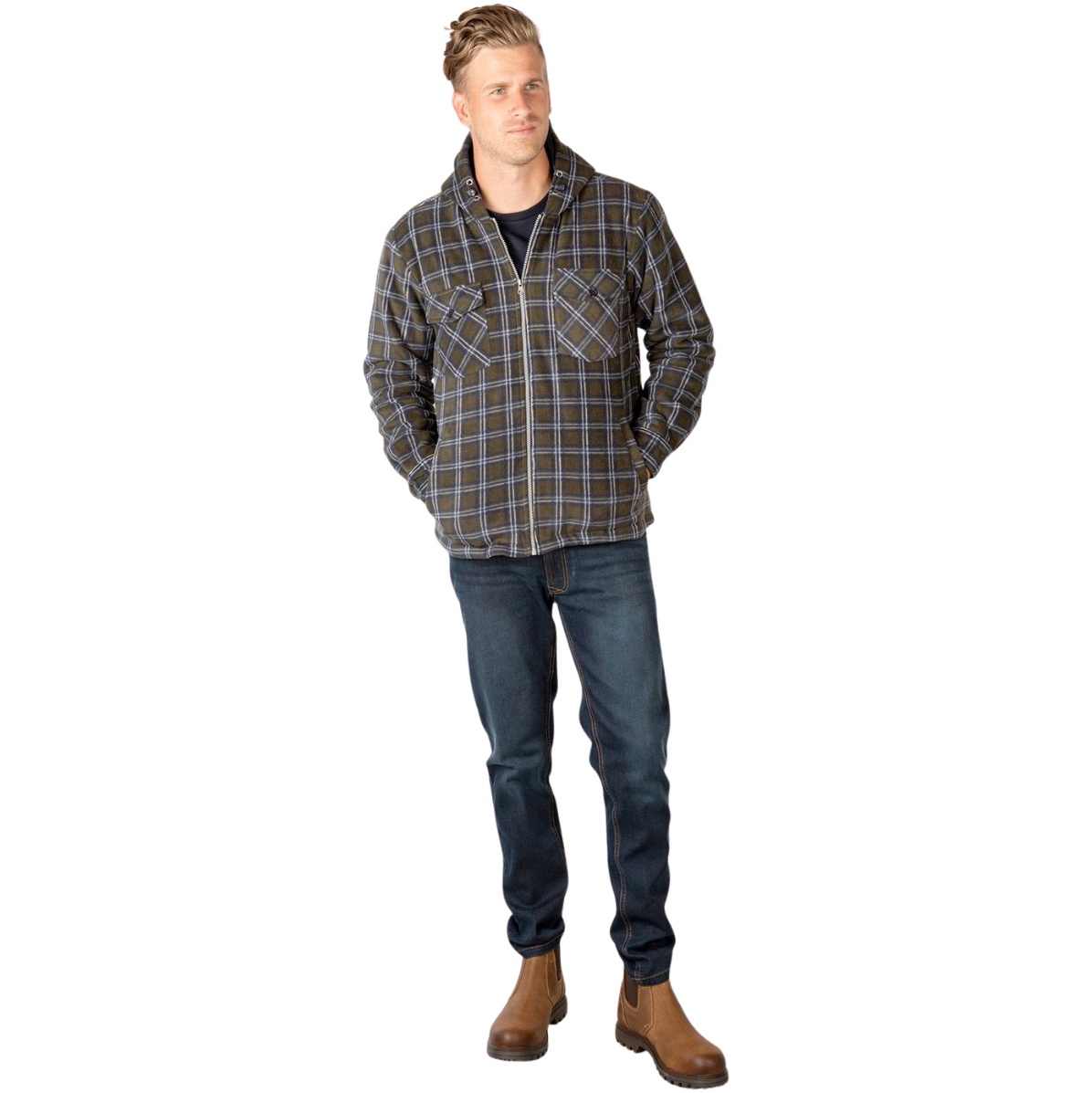 2025 Rydale Mens Hooded Fleece Overshirt Ulrome 412848 - Olive / Navy